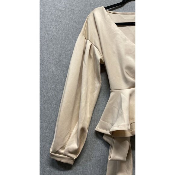 Shein Women's Long Sleeve Ruffle Blouse Off Shoulder Sz. Sm Tie Waist Wrap Beige - Picture 2 of 6